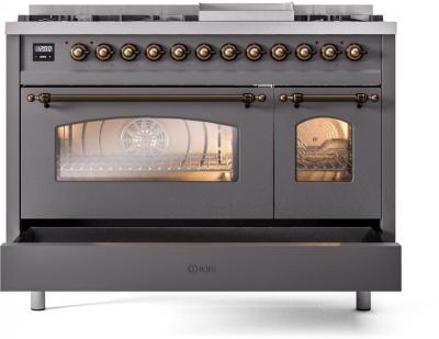 48" ILVE Nostalgie II Dual Fuel Natural Gas Freestanding Range in Matte Graphite with Bronze Trim - UP48FNMP/MGB NG