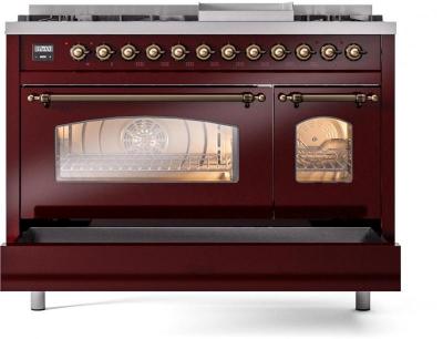 48" ILVE Nostalgie II Dual Fuel Natural Gas Freestanding Range in Burgundy with Bronze Trim - UP48FNMP/BUB NG