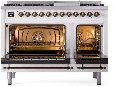 48" ILVE Nostalgie II Dual Fuel Natural Gas Freestanding Range in White with Bronze Trim - UP48FNMP/WHB NG