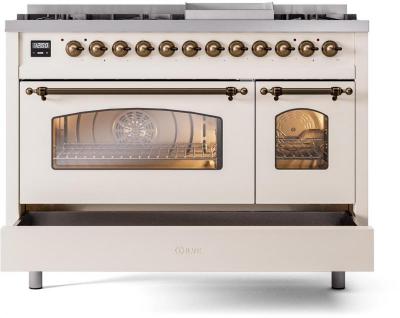 48" ILVE Nostalgie II Dual Fuel Natural Gas Freestanding Range in Antique White with Bronze Trim - UP48FNMP/AWB NG