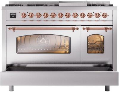 48" ILVE Nostalgie II Dual Fuel Liquid Propane Freestanding Range in Stainless Steel with Copper Trim - UP48FNMP/SSP LP