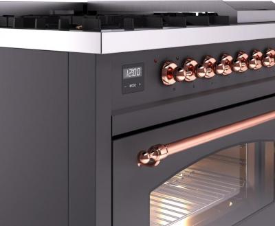 48" ILVE Nostalgie II Dual Fuel Liquid Propane Freestanding Range in Matte Graphite with Copper Trim - UP48FNMP/MGP LP