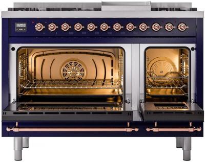 48" ILVE Nostalgie II Dual Fuel Liquid Propane Freestanding Range in Blue with Copper Trim - UP48FNMP/MBP LP