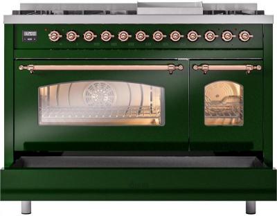 48" ILVE Nostalgie II Dual Fuel Liquid Propane Freestanding Range in Emerald Green with Copper Trim - UP48FNMP/EGP LP