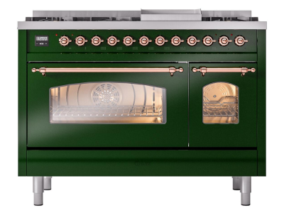 48" ILVE Nostalgie II Dual Fuel Liquid Propane Freestanding Range in Emerald Green with Copper Trim - UP48FNMP/EGP LP