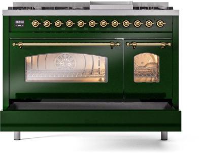 48" ILVE Nostalgie II Dual Fuel Natural Gas Freestanding Range in Emerald Green with Brass Trim - UP48FNMP/EGG NG