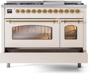 48" ILVE Nostalgie II Dual Fuel Natural Gas Freestanding Range in Antique White with Brass Trim - UP48FNMP/AWG NG