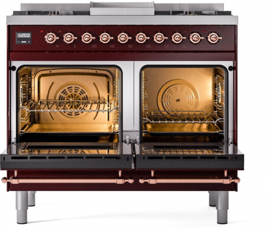 40" ILVE Nostalgie II Dual Fuel Natural Gas Freestanding Range in Burgundy with Copper Trim - UPD40FNMP/BUP NG