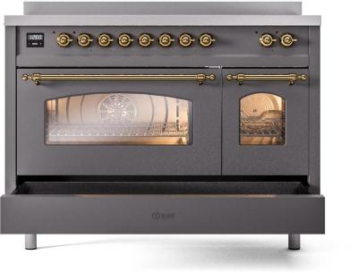 48" ILVE Nostalgie II Electric Freestanding Range in Matte Graphite with Brass Trim - UPI486NMP/MGG