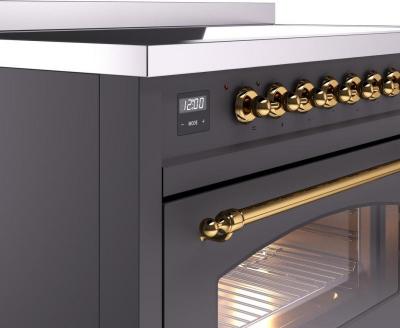 48" ILVE Nostalgie II Electric Freestanding Range in Matte Graphite with Brass Trim - UPI486NMP/MGG