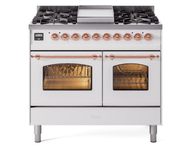 40" ILVE Nostalgie II Dual Fuel Natural Gas Freestanding Range in White with Copper Trim - UPD40FNMP/WHP NG