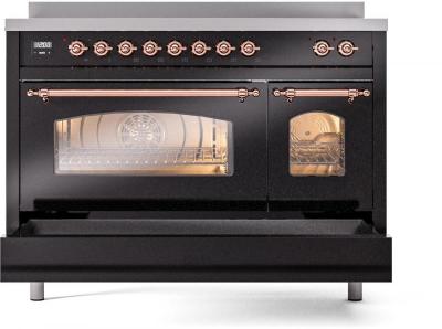 48" ILVE Nostalgie II Electric Freestanding Range in Glossy Black with Copper Trim - UPI486NMP/BKP