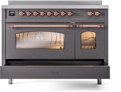 48" ILVE Nostalgie II Electric Freestanding Range in Matte Graphite with Copper Trim - UPI486NMP/MGP