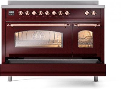 48" ILVE Nostalgie II Electric Freestanding Range in Burgundy with Copper Trim - UPI486NMP/BUP