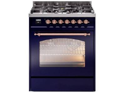 30" ILVE Nostalgie II Dual Fuel Liquid Propane Freestanding Range in  Blue with Copper Trim - UP30NMP/MBP LP