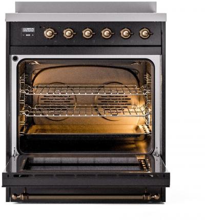 30" ILVE Nostalgie II Electric Freestanding Range in Glossy Black with Bronze Trim - UPI304NMP/BKB