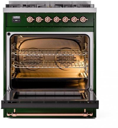 30" ILVE Nostalgie II Dual Fuel Liquid Propane Freestanding Range in Emerald Green with Copper Trim - UP30NMP/EGP LP