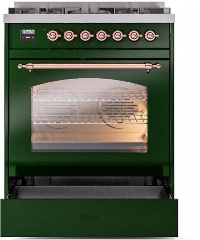 30" ILVE Nostalgie II Dual Fuel Liquid Propane Freestanding Range in Emerald Green with Copper Trim - UP30NMP/EGP LP