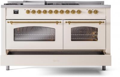 60" ILVE Nostalgie II Dual Fuel Liquid Propane Freestanding Range in Antique White with Brass Trim - UP60FSNMP/AWG LP