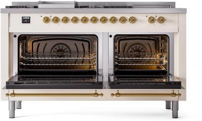 60" ILVE Nostalgie II Dual Fuel Liquid Propane Freestanding Range in Antique White with Brass Trim - UP60FSNMP/AWG LP