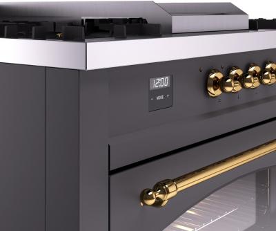 60" ILVE Nostalgie II Dual Fuel Liquid Propane Freestanding Range in Matte Graphite with Brass Trim - UP60FSNMP/MGG LP