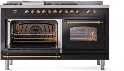 60" ILVE Nostalgie II Dual Fuel Liquid Propane Freestanding Range in Glossy Black with Brass Trim - UP60FSNMP/BKG LP