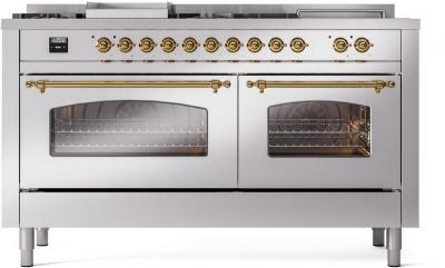 60" ILVE Nostalgie II Dual Fuel Liquid Propane Freestanding Range in Stainless Steel with Brass Trim - UP60FSNMP/SSG LP