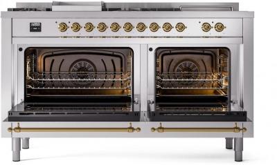 60" ILVE Nostalgie II Dual Fuel Liquid Propane Freestanding Range in Stainless Steel with Brass Trim - UP60FSNMP/SSG LP