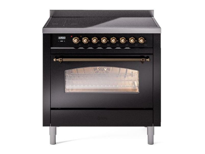 36" ILVE Nostalgie II Electric Freestanding Range in Glossy Black with Bronze Trim - UPI366NMP/BKB