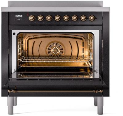 36" ILVE Nostalgie II Electric Freestanding Range in Glossy Black with Bronze Trim - UPI366NMP/BKB