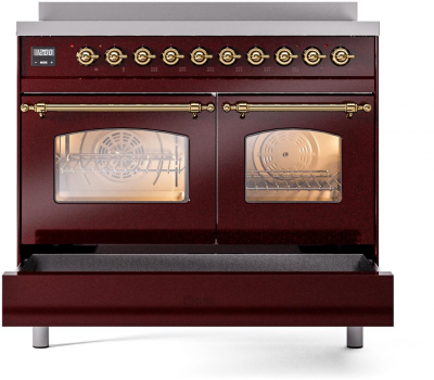 40" ILVE Nostalgie II Electric Freestanding Range in Burgundy with Brass Trim - UPDI406NMP/BUG