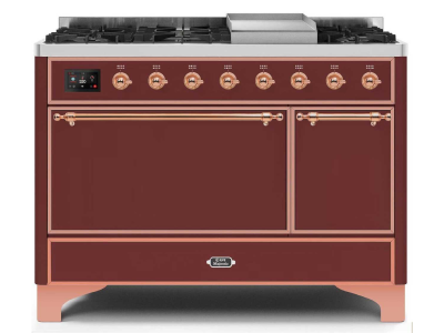 48" ILVE 5.02 Cu. Ft. Majestic II Dual Fuel Liquid Propane Freestanding Range in Burgundy with Copper Trim - UM12FDQNS3/BUP LP