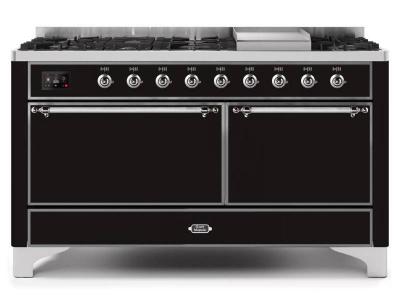 60" ILVE Majestic II Dual Fuel Liquid Propane Freestanding Range with Chrome Trim in Glossy Black - UM15FDQNS3/BKC LP