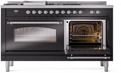 60" ILVE Nostalgie II Dual Fuel Natural Gas Freestanding Range in Glossy Black with Chrome Trim - UP60FSNMP/BKC NG