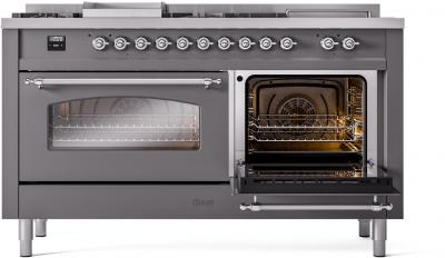 60" ILVE Nostalgie II Dual Fuel Natural Gas Freestanding Range in Matte Graphite with Chrome Trim - UP60FSNMP/MGC NG