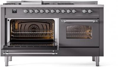 60" ILVE Nostalgie II Dual Fuel Natural Gas Freestanding Range in Matte Graphite with Chrome Trim - UP60FSNMP/MGC NG