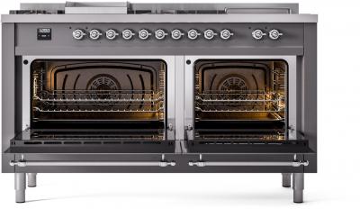 60" ILVE Nostalgie II Dual Fuel Natural Gas Freestanding Range in Matte Graphite with Chrome Trim - UP60FSNMP/MGC NG