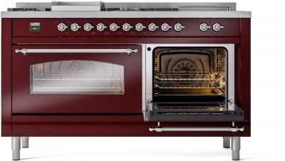 60" ILVE Nostalgie II Dual Fuel Natural Gas Freestanding Range in Burgundy with Chrome Trim - UP60FSNMP/BUC NG