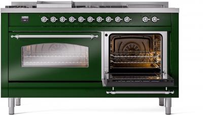 60" ILVE Nostalgie II Dual Fuel Natural Gas Freestanding Range in Emerald Green with Chrome Trim - UP60FSNMP/EGC NG