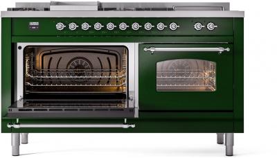 60" ILVE Nostalgie II Dual Fuel Natural Gas Freestanding Range in Emerald Green with Chrome Trim - UP60FSNMP/EGC NG