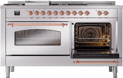 60" ILVE Nostalgie II Dual Fuel Liquid Propane Freestanding Range in Stainless Steel with Copper Trim - UP60FSNMP/SSP LP