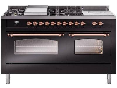 60" ILVE Nostalgie II Dual Fuel Liquid Propane Freestanding Range in Glossy Black with Copper Trim - UP60FSNMP/BKP LP