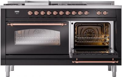 60" ILVE Nostalgie II Dual Fuel Liquid Propane Freestanding Range in Glossy Black with Copper Trim - UP60FSNMP/BKP LP