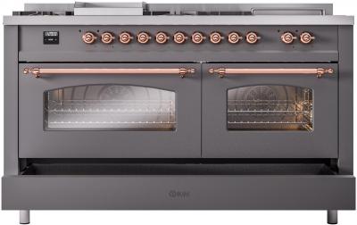 60" ILVE Nostalgie II Dual Fuel Liquid Propane Freestanding Range in Matte Graphite with Copper Trim - UP60FSNMP/MGP LP