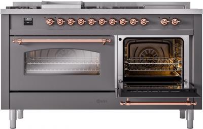 60" ILVE Nostalgie II Dual Fuel Liquid Propane Freestanding Range in Matte Graphite with Copper Trim - UP60FSNMP/MGP LP