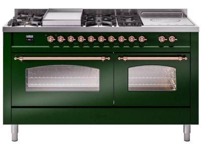 60" ILVE Nostalgie II Dual Fuel Liquid Propane Freestanding Range in  Emerald Green with Copper Trim - UP60FSNMP/EGP LP