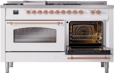 60" ILVE Nostalgie II Dual Fuel Liquid Propane Freestanding Range in White with Copper Trim - UP60FSNMP/WHP LP