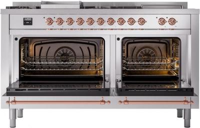 60" ILVE Nostalgie II Dual Fuel Natural Gas Freestanding Range in Stainless Steel with Copper Trim - UP60FSNMP/SSP NG