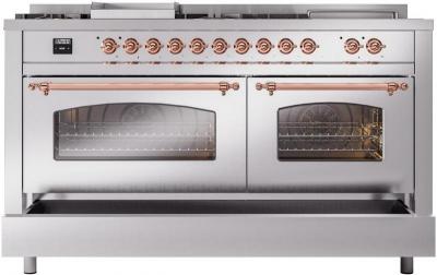 60" ILVE Nostalgie II Dual Fuel Natural Gas Freestanding Range in Stainless Steel with Copper Trim - UP60FSNMP/SSP NG