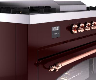 60" ILVE Nostalgie II Dual Fuel Natural Gas Freestanding Range in  Burgundy with Copper Trim - UP60FSNMP/BUP NG